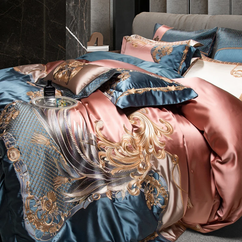 Gorgeous European Palace Style Gold Embroidery Brocade Egyptian Cotton Bedding Set Duvet Cover Bed Sheet Pillowcases 4/610Pcs