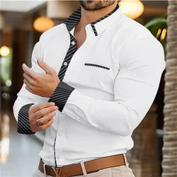 Camisa masculina listrada de mangas compridas, design solto, vestido de festa de negócios, bolso falso, item quente, primavera e outono