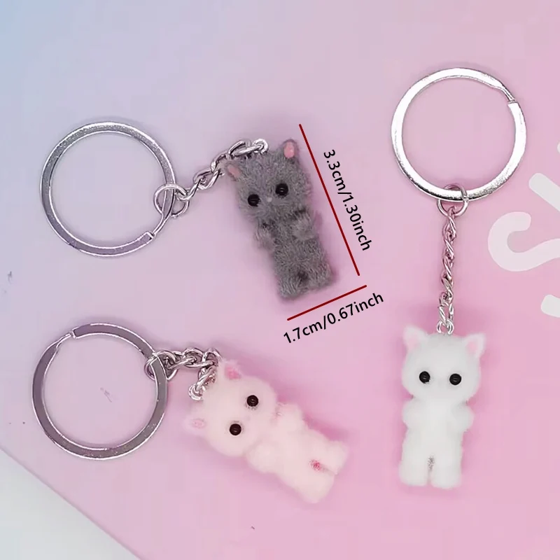 1PCS 3D Cartoon Flocking Cat Keychain Kawaii Cat Key Ring Animal  Key Chains Souvenir Gifts For Women Men Car Keys DIY Jewelry