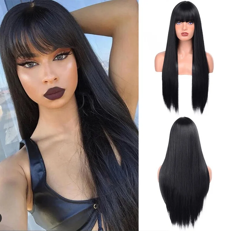 女性用ロングストレートブラック合成ウィッグ（前髪付き）デイリーナチュラルヘアウィッグusa