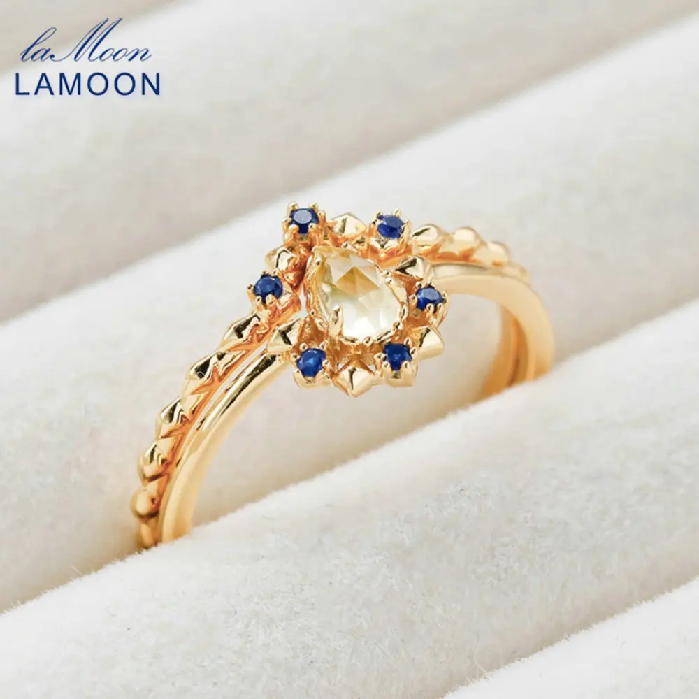

LAMOON Natural Lemon Quartz Blue Spinel Ring Set For Women Exqusite S925 Silver 14K Gold Vermeil Party Fine Jewelry Gift
