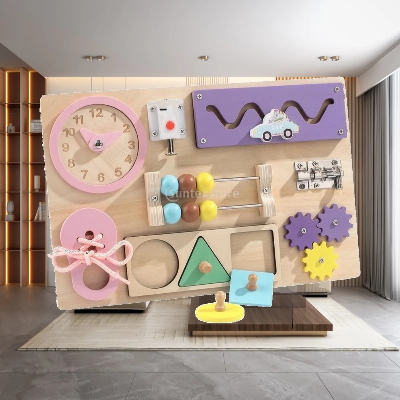 Wooden Busy Board Developmental Busy Board with Clock Shoe Lace Tying Piece Educational Learning Clock Piece Sensory