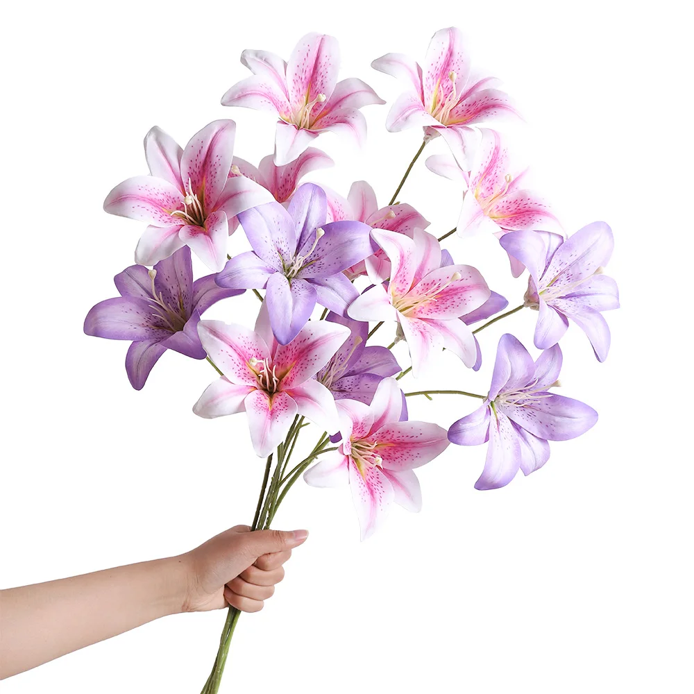 1 unidad de ramo de flores de lirio artificiales de 3 cabezas, decoración para el hogar, accesorios de fotografía, plantas DIY, decoración de bodas, adorno para jarrón