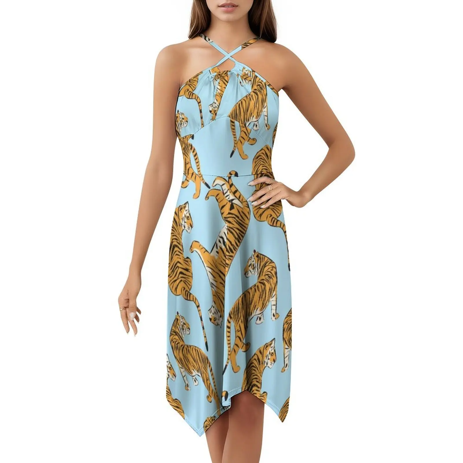 フレンチブルーピンクタイガーリピートプリント-プレッピーモダン韓国スタイルカジュアルドレス女性用シンプルデイリーオフィスレディドレスブルー