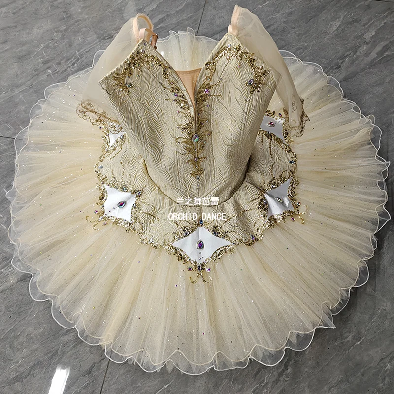 Womens Sheer Flutter Sleeve V Neck Ballet Tutu Performance Dress Gold Line Scroll Rhinestone Diamond Applique Trim Light Champag