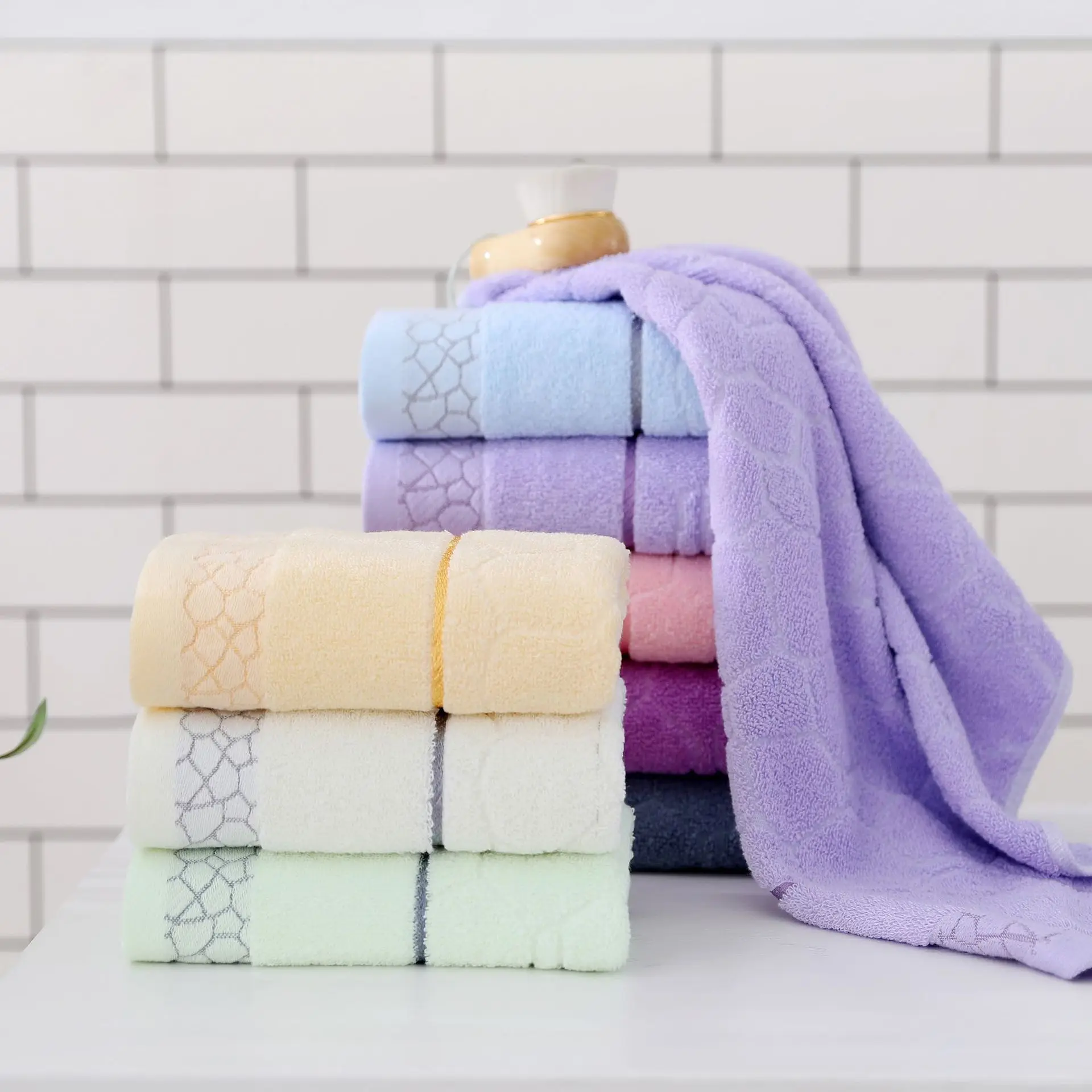 2pcs Cotton Bath Towel Set Blue/Lilac Embroidered Towels for Bathroom/Sport/Beach Home/Hotel Daily Use Gift Set