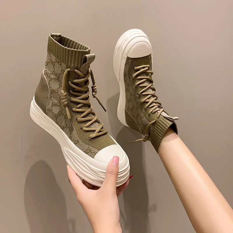 Women's Breathable High Top Shoes with Platform High Rise Knitted Elastic Socks Boots for Women Fashion Breathable Casual Shoes