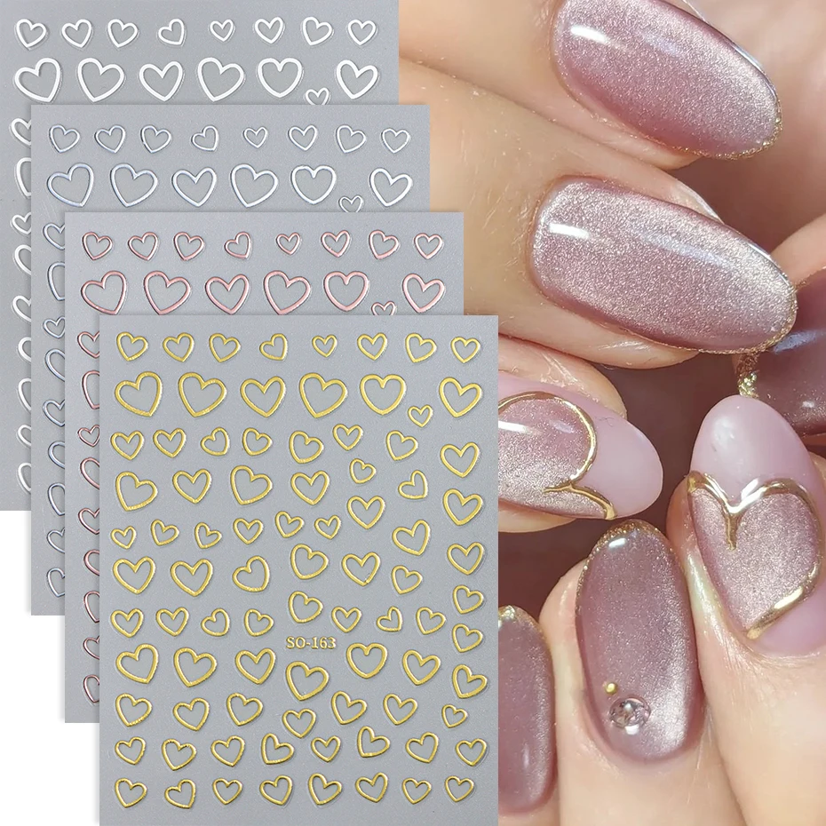 4 Stück Gold Silber Herz Nail Art Aufkleber Aufkleber Chrom Metallic Weiß Liebe Valentines Nagelaufkleber Designs Dekorationen Zubehör