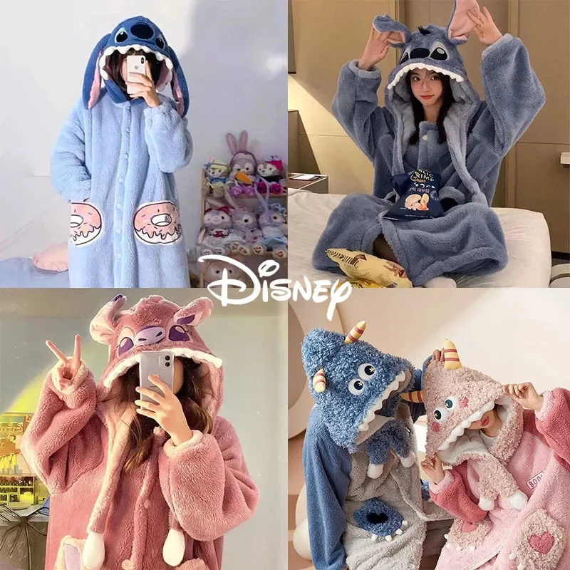 Disney Stitch Pajamas Women Winter Nightgown Long Cute Thickened Warm Gown Set Comfortable Hooded Sleepwear Suit Girls Gifts