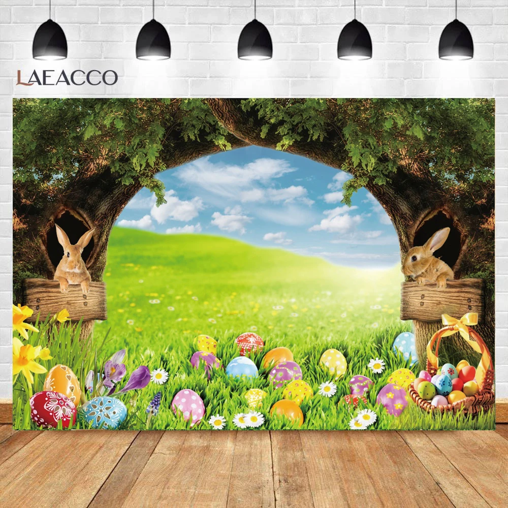 Laeacco Spring Easter Photography Backdrop Window Sill Cute Rabbit Flower Wreath Baby Shower Birthday Portrait Background