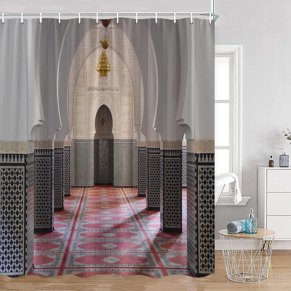 Vintage Moroccan Shower Curtain Ethnic Style Floral Art Retro Architecture Door Bathroom Curtain Polyester Home Decor with Hooks