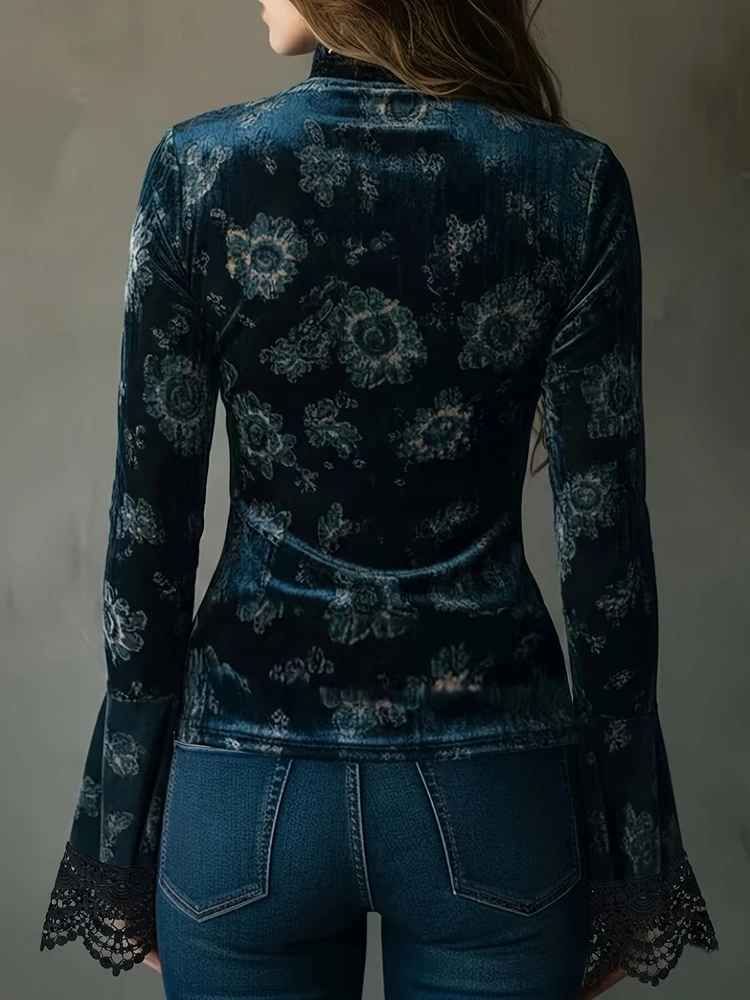Fall/Winter 2026 New Arrivals: Women's Dark Blue Velvet Printed Lace-Panel V-Neck Flared-Sleeve Retro Shirt