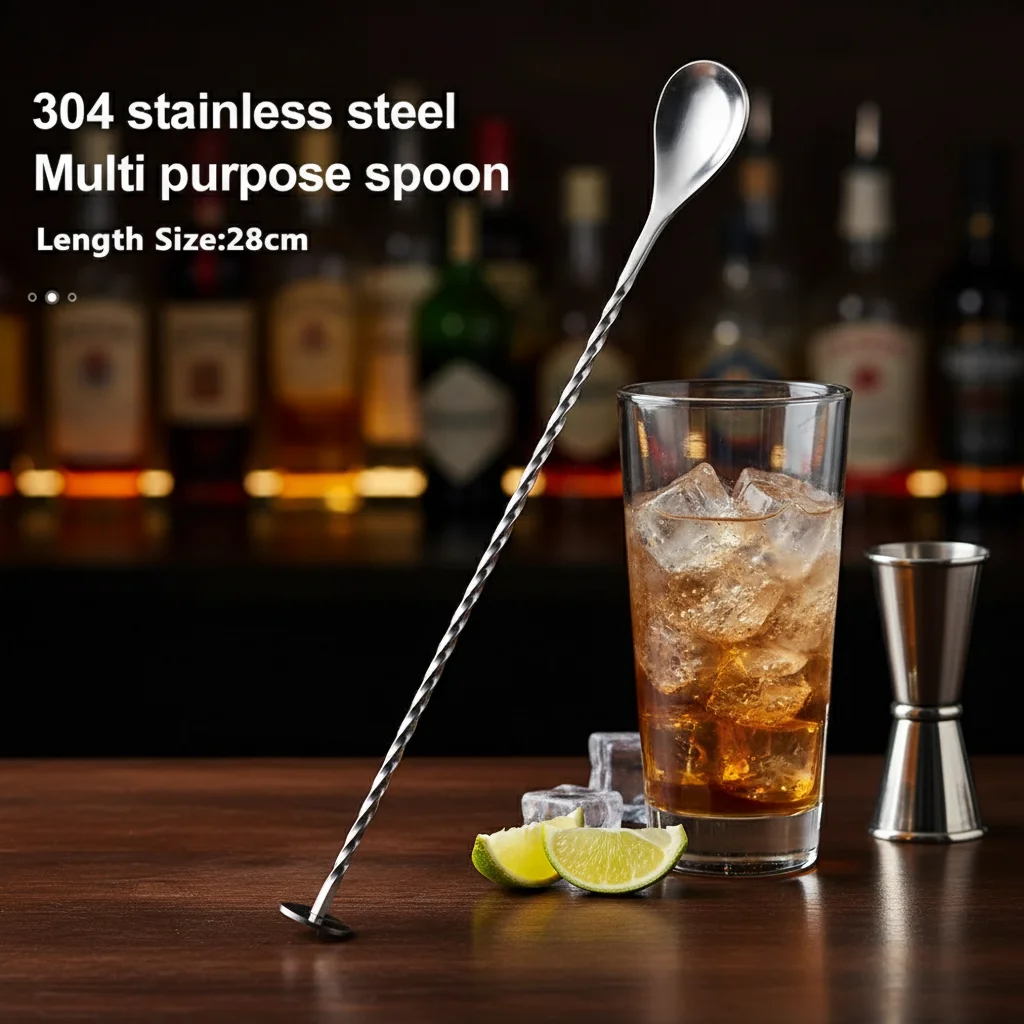 Stainless Steel Mixing Spoon Multi-Purpose Long Handle Cocktail Stirring Tool for Kitchen Bar Use