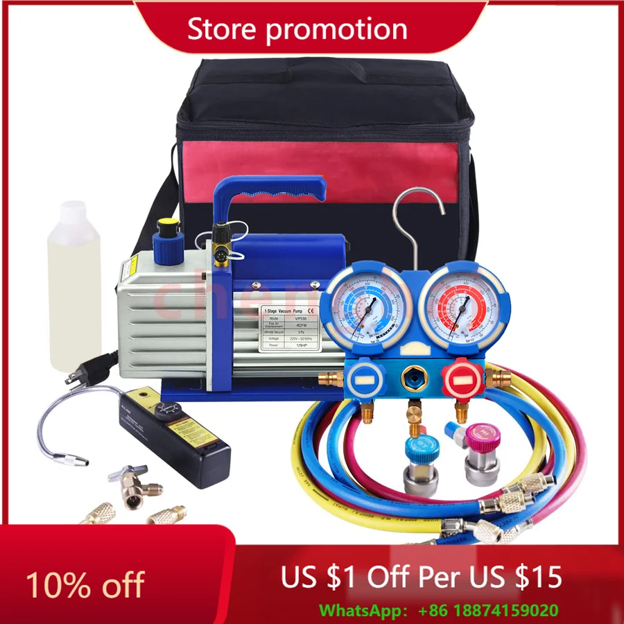 

Комплект для охлаждения кондиционера, воздушный вакуумный насос 3CFM R134a R410A R22, манометр утечки, детектор утечек, инструменты для обслуживания кондиционера