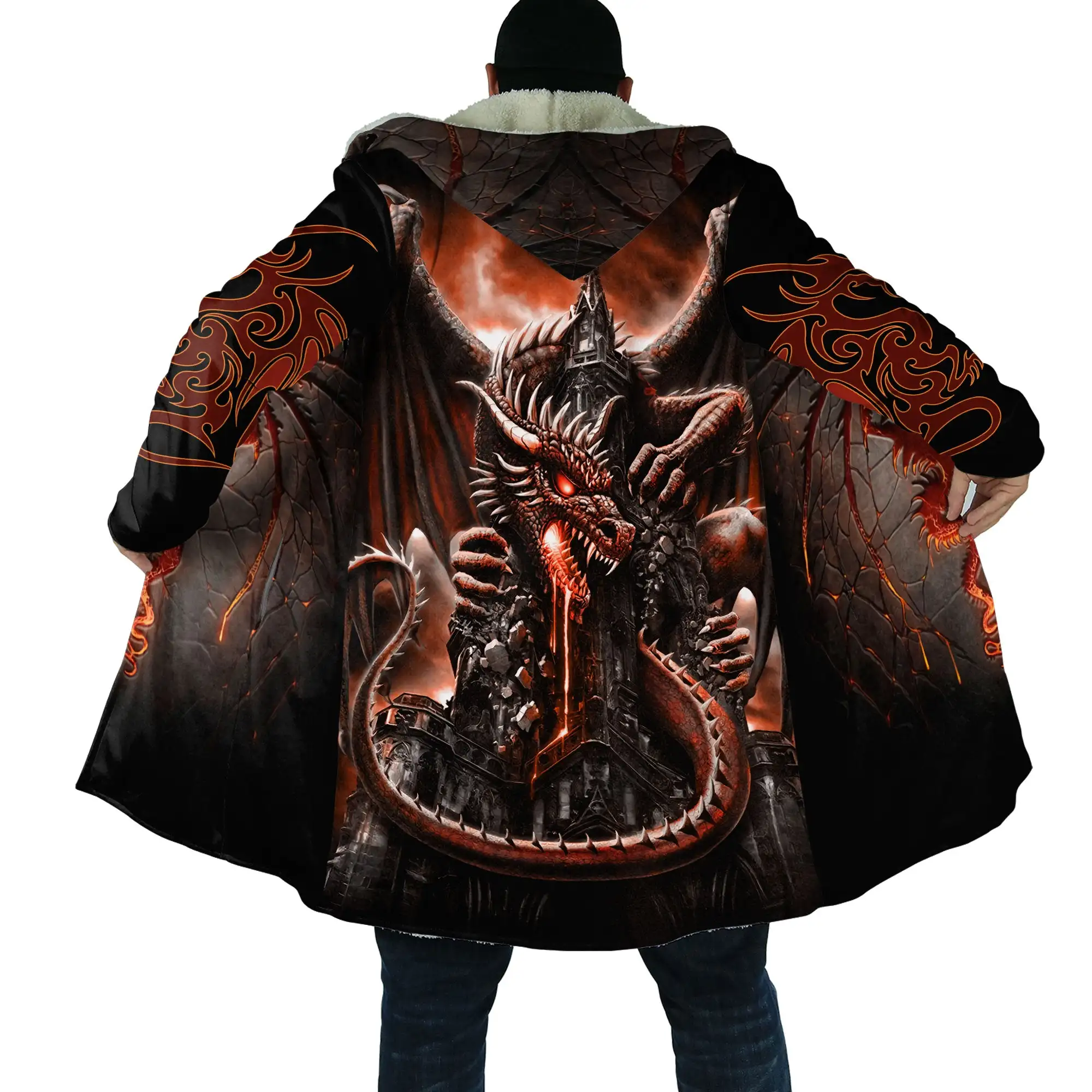 PLstar Cosmos Mens Cloak Tattoo Skull Dragon 3D All Over Printed Fleece Hooded Cloak Unisex Casual Thick Warm Cape coat PF72