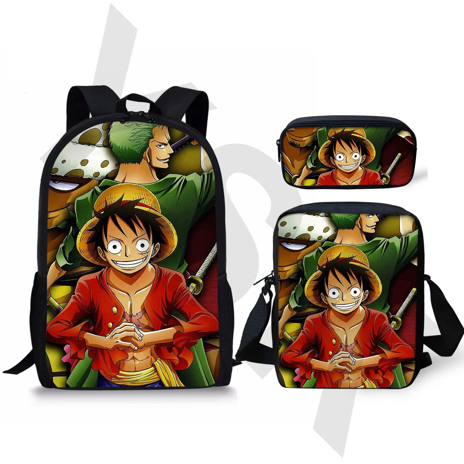 

3PC-One Piece One Piece Animation Peripheral Backpack Shoulder Bag Large Capacity Student Pencil Case Three-piece Set