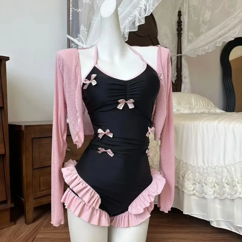 Women Sweet Bowknot Ruffled One Piece Swimsuit with Sun Cardigan Two-Piece Set Beachwear for Spa Vaion