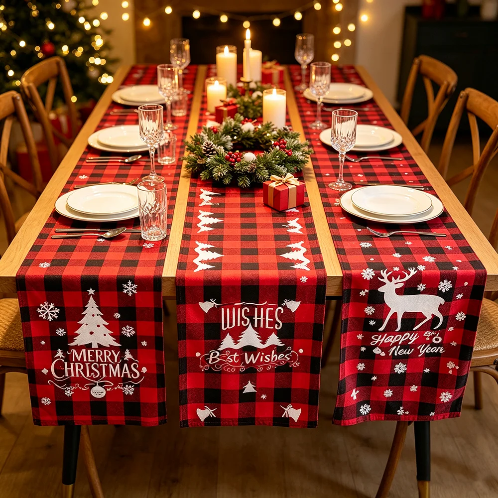 1pc Christmas Checkered Table Runner, Polyester Cotton Checkered Cloth Table Flag, Christmas New Year Home Decoration Tablecloth