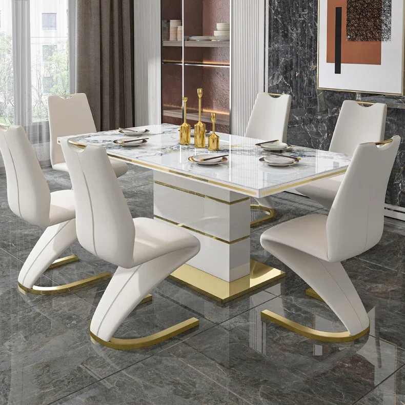 Luxury stone marble square dining table set 4 chairs modern gold stainless steel with 6 seater restaurant dining room furniture