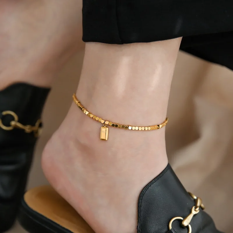 2023 New Small Gold Brick Anklet Titanium Steel Gold-plated Jewelry