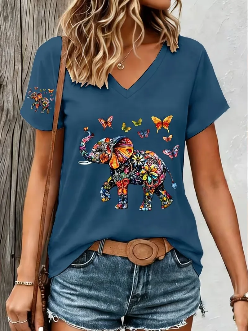 Fashion retro animal elephant 3D print women's T-shirt for summer comfort V-neck short sleeved daily casual y2k women's clothes