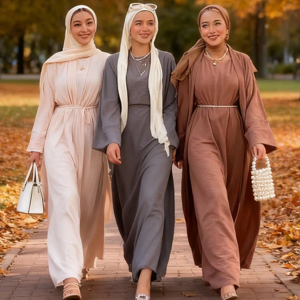 

Muslim Set for Women Maxi Dress Open Abaya Robe Kimono Musulmane Kaftan Dubai Turkey Islam Jabaiya Eid Ramadan Kebaya Marocain