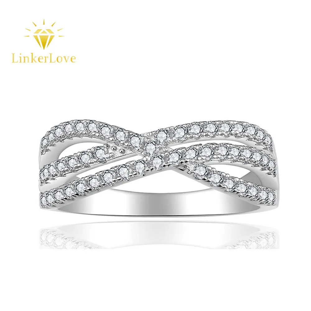 

LinkerLove S925 Silver Criss Cross Twisted Moissanite Wedding Band for Women Three Row Pave Round Cut Diamond Ring Fine Jewelry