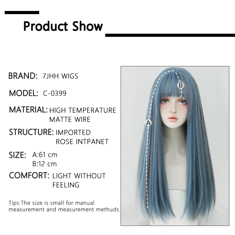 7JHH WIGS Long Straight Wigs With Bang For Women Omber Blue Synthetic Crochet Hair African American Favorite Female Full Wig