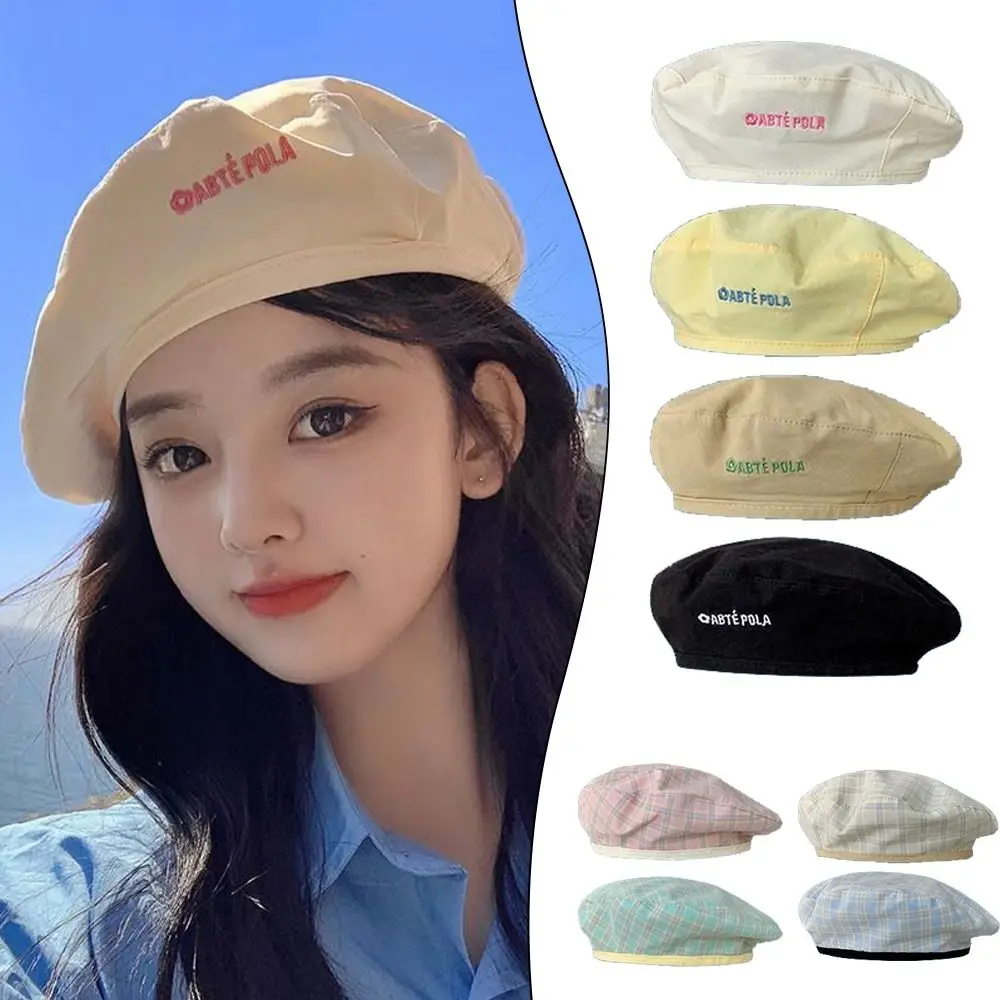 

Thin Versatile Double-sided Contrast Beret Hat Letter Embroidery Plaid College Style Caps Japanese Fashion Style Sun Hats