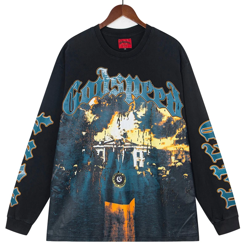 

25SS New GOD SPEED Long Sleeve American Fashion Speech Skull Print Top Pullover Loose Cotton Godspeed T Shirts Men Women