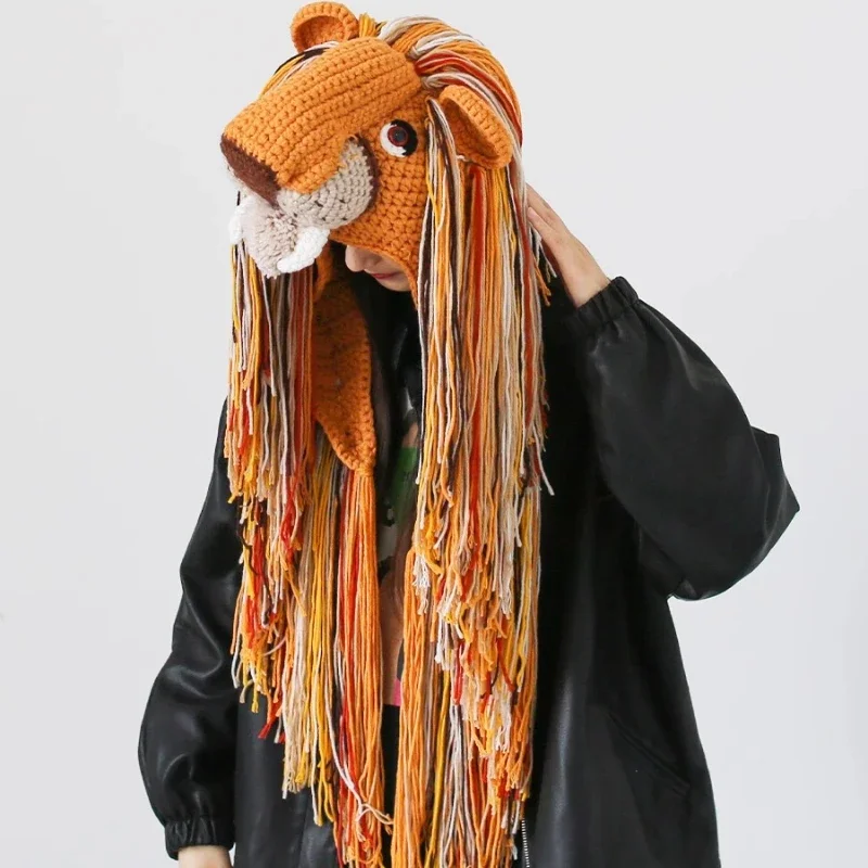 

Thick Hair Handmade Knitted Cartoon Lion Hat Wild Hip Hop Funny Show Pullover Hat Creative Gift