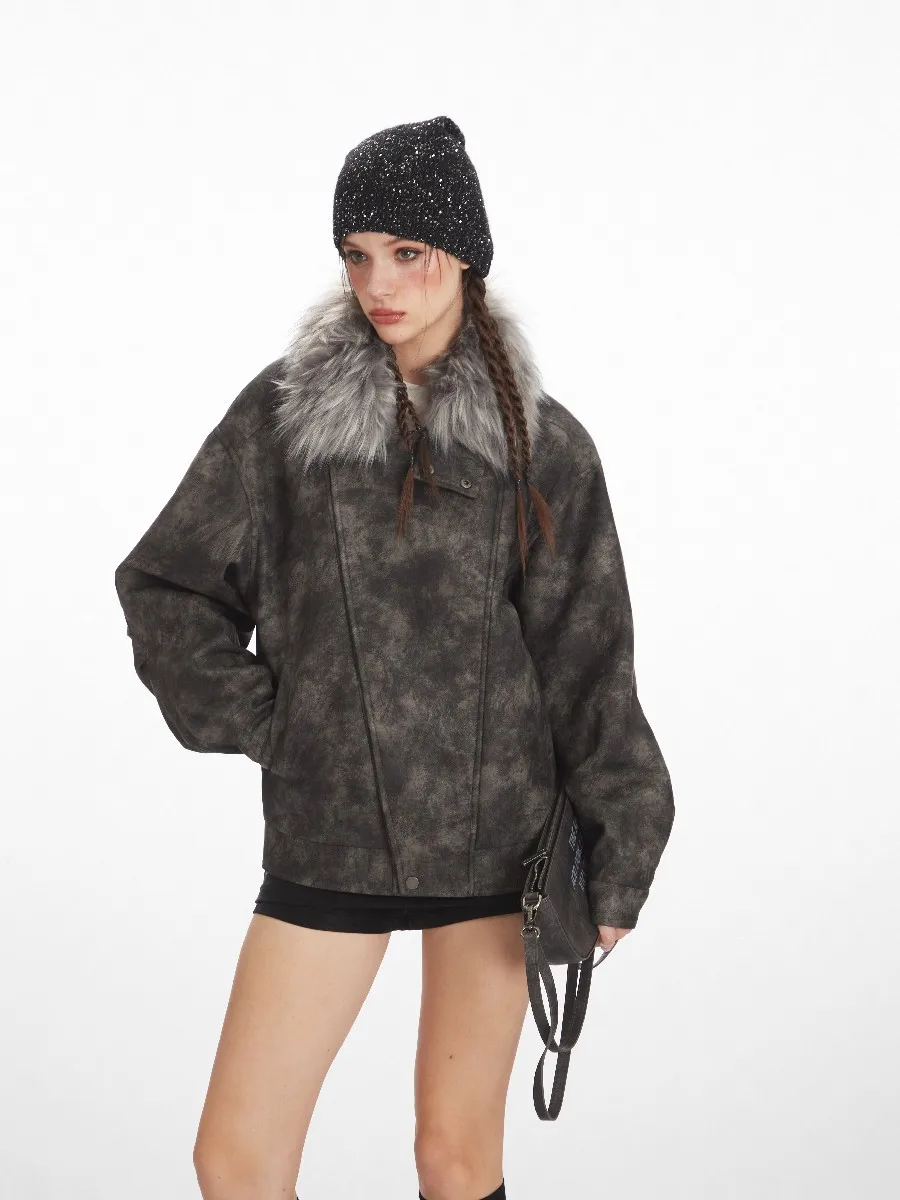 

Asymmetrical Hair Collar Leather Zip Up Jacket Coats for Women Girls Acamedia y2k Streetwear Oversized Winter Spring Outerwear