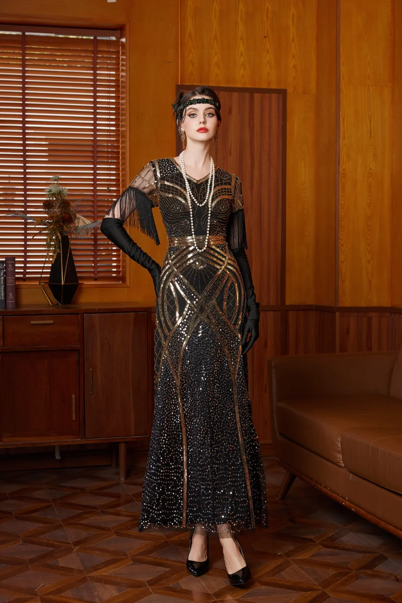 

MISICHAO 2025 New! Black Gold Sequin Fringe Sleeve Vintage Gatsby Evening Party Dress for Women