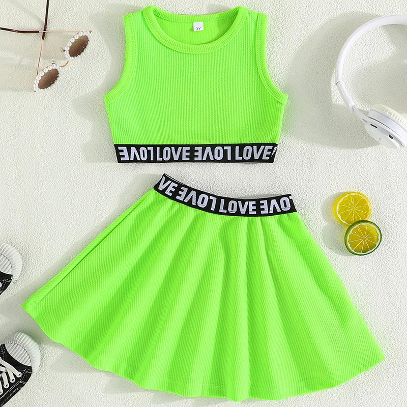 

2Piece Sets 2025 Summer Baby Girl Clothes Korean Fashion Letter Sleeveless Cotton Green Tops+Skirt Boutique Kids Clothing BC613