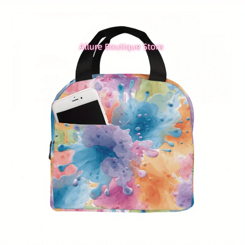 1pc Men's & Women's -Look Lunch Bag - Color-Changing Paint Splash Print (Pink/Purple/Blue/Yellow) Small Square Thermal Handbag,