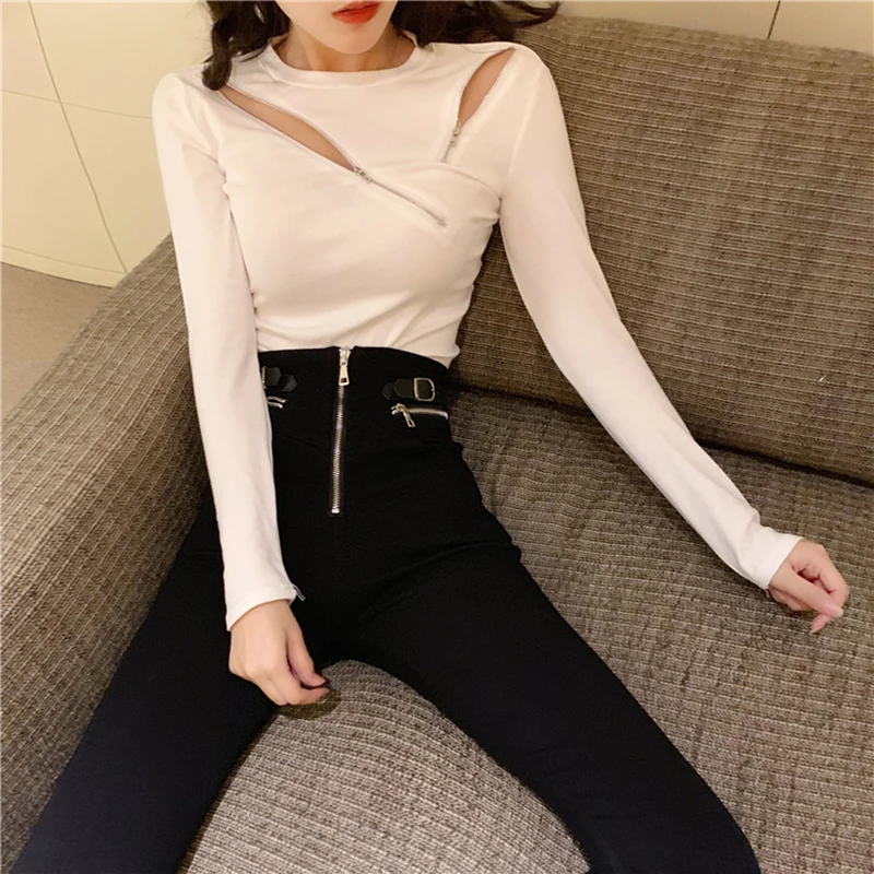 Sexy Reiß verschluss Slim Fit Pullover Frauen Herbst Winter Langarm Strick pullover Frau Streetwear aushöhlen Trikots weiblich