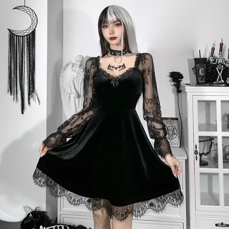 Gothic Lolita Girl Lace Trim Velvet A-Line Dress Women Sexy Perspective Long Sleeve V Neck Slim Mini Dress Cosplay Party Costume