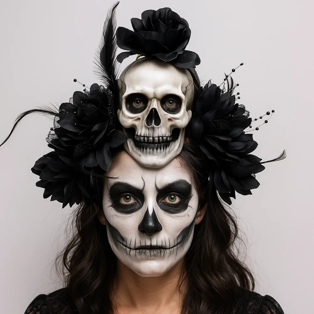Dark Skull Head Headband ตกแต่งฮาโลวีนดอกไม้จําลองฮาโลวีน Skull Headband ค้างคาว Headdress Day of The Dead แถบคาดศีรษะ