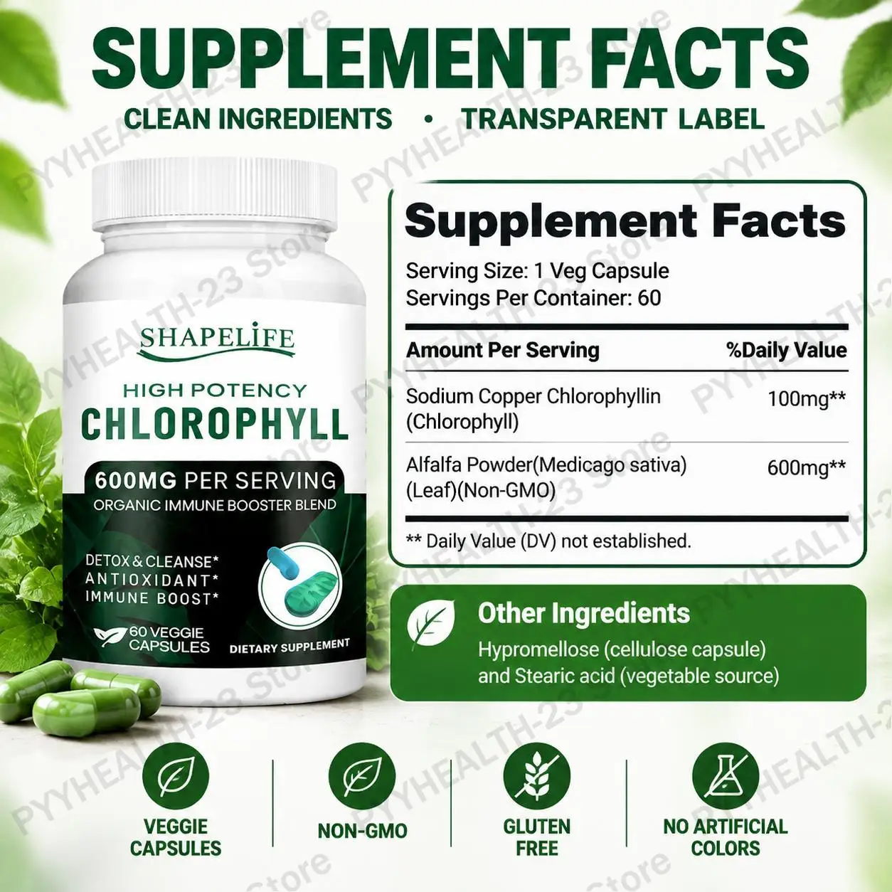 High Potency Chlorophyll Capsules Skin Clarity Blood Wellness Antioxidant PH Balance Body Cleanse Liver Care Energy Boost 60 Pcs