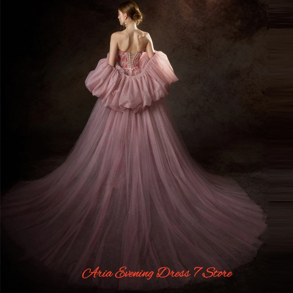 Luxury Strapless Organza Evening Dress Delicate Watteau Train Prom Dresses Sparkly Pearls Crystal Customized Celebrity Gowns