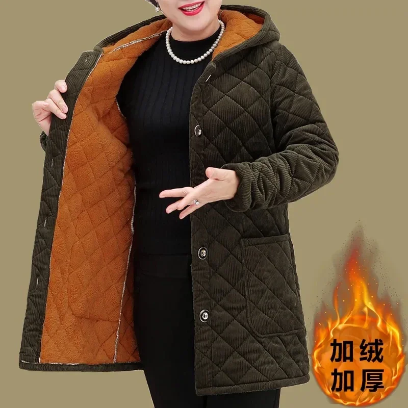 Mother Clothing Cotton Coat 2024 Autumn Winter Plush Warm Parkas Long Hooded Padded Coat Womens Cotton-Padded Jacket Outwear New