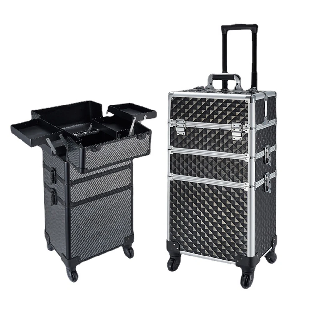 Expandable Cosmetic Trolley Case 4 Wheels Large Capacity Aluminum Train Case Nail Polish Organizer Makeup Storage Box