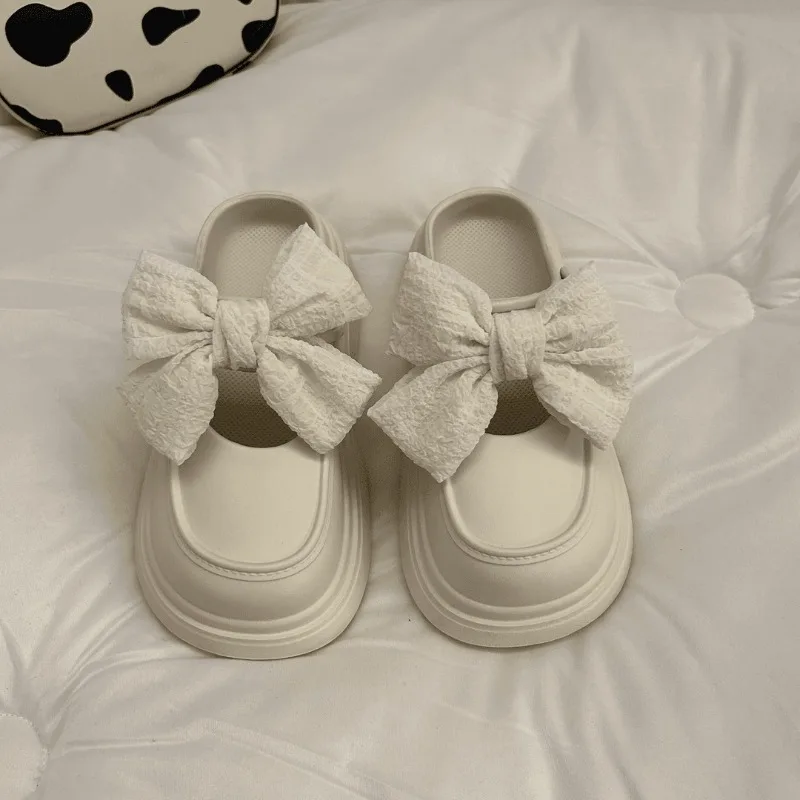 Cute Bow-wrapped Head Half Slippers Female Summer Wear 2024 New Double Wear Thick Bottom Hole Sandals