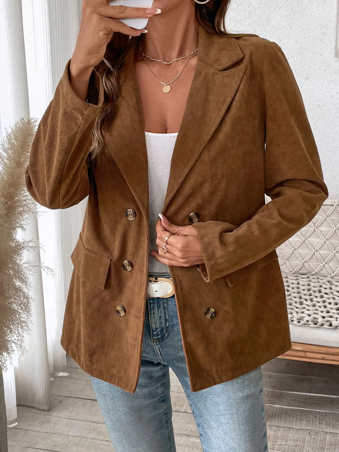 2024 new fashion autumn/winter women's solid color corduroy suit jacket