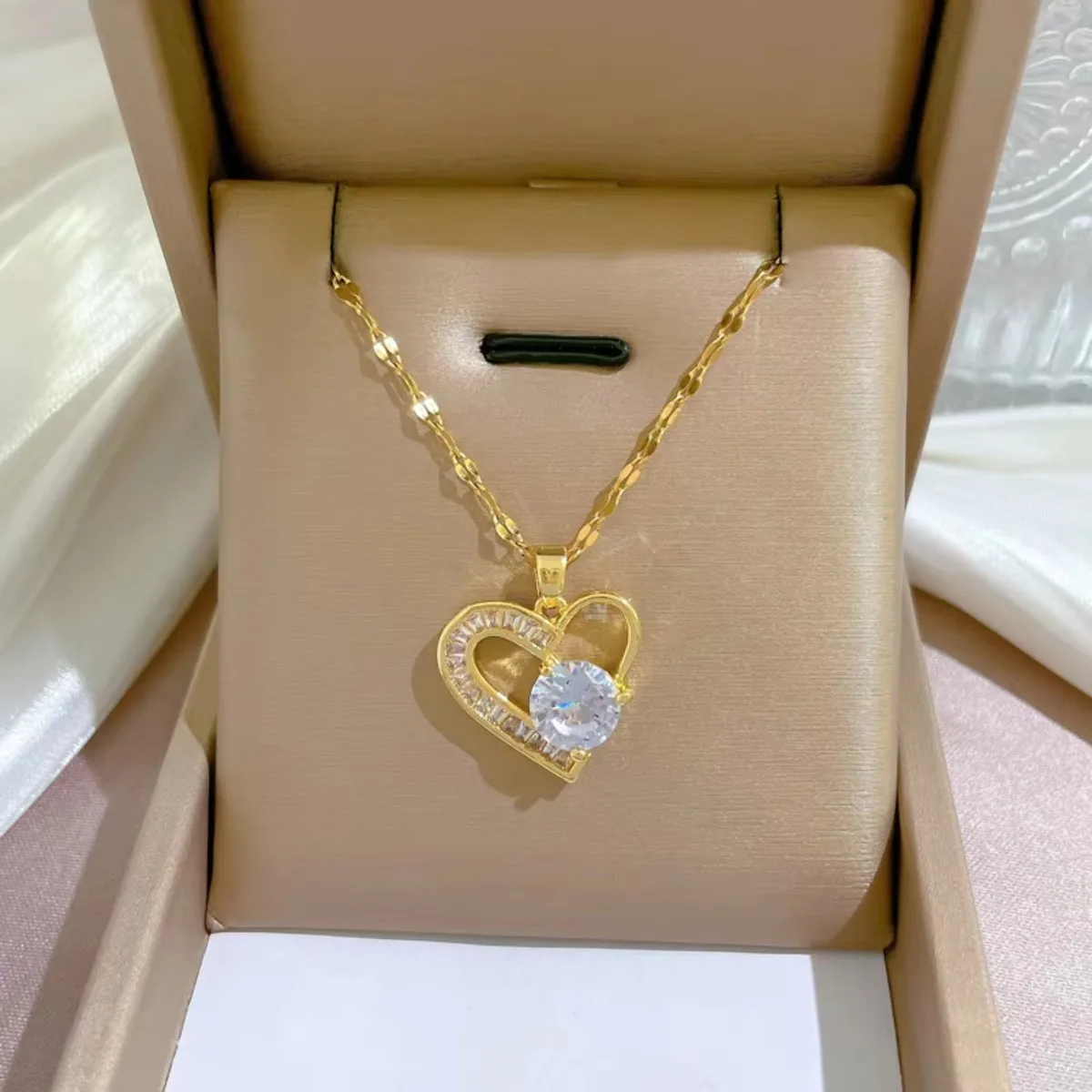 DIEYURO 316L Stainless Steel Asymmetrical Heart Zircon Pendant Necklace For Women New Luxury Girls Clavicle Chain Jewelry Gifts image 5