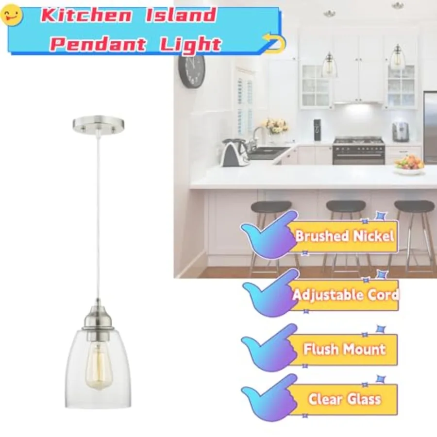 Brushed Nickel Pendant Lighting Fixture, Kitchen Island Hanging Lights with E26 Medium Base Max. 60 Watts, ETL Rated, Bulbs not