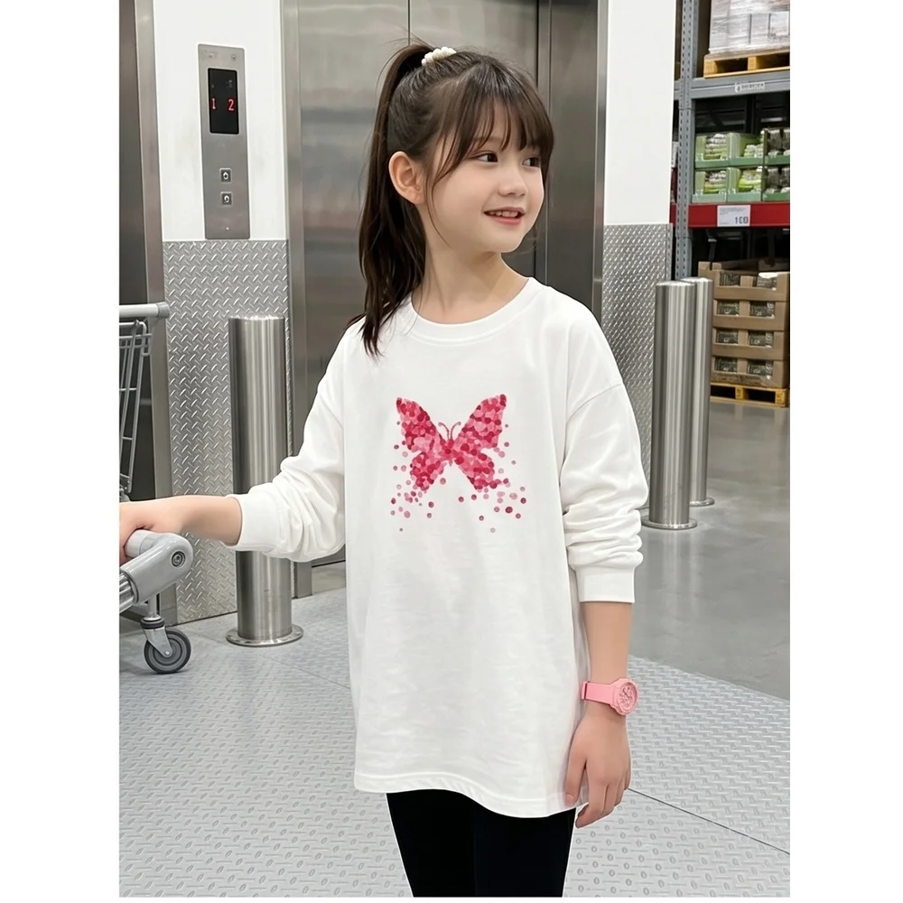 Girls Long Sleeve T-Shirt Y2K Aesthetic  Pink Petal Butterfly Print Loose Soft Cotton Casual Daily Wear HDHD1