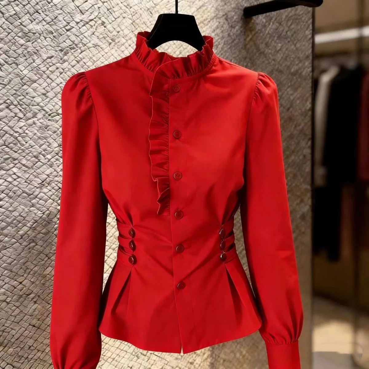 Elegant Blue Shirt Women's Slim Fit Waist Cinched Stylish Commute Top High End Feelings All Match Spring 2026 Fashion