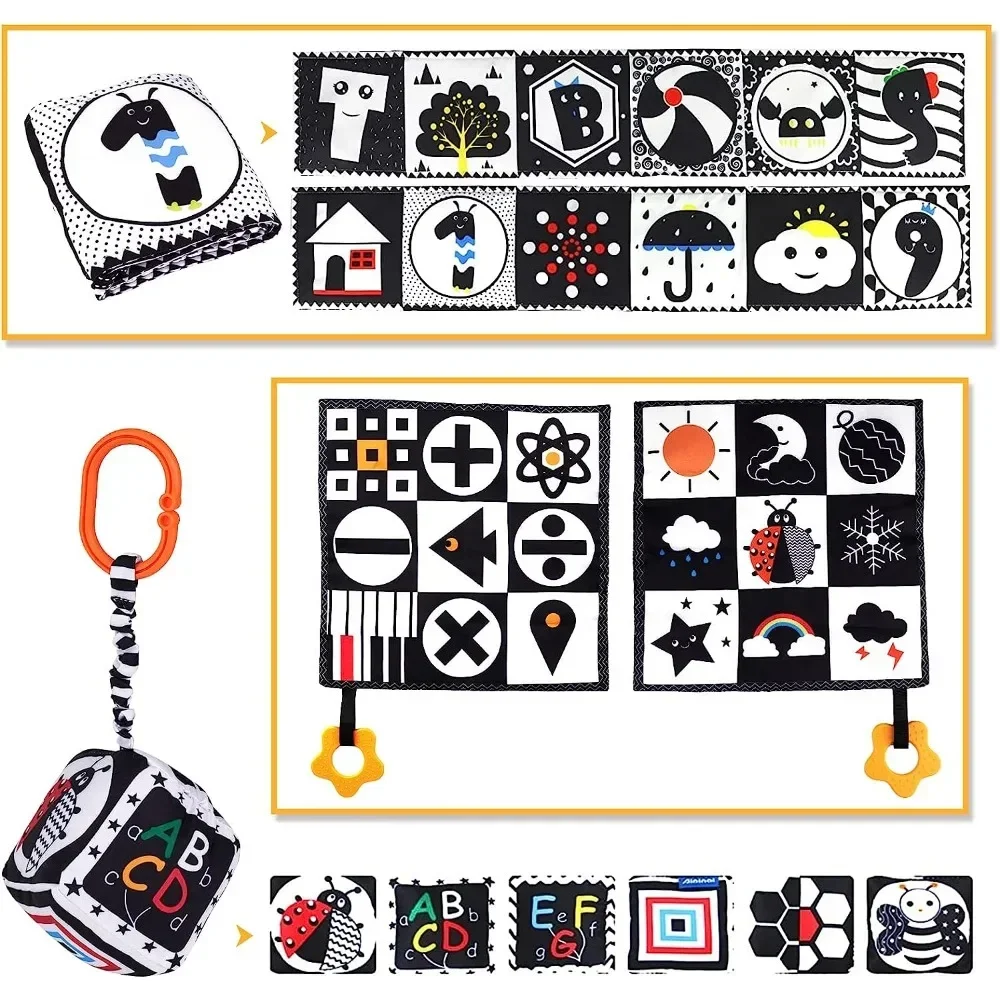 

Montessori Baby Book Baby Toys 0-12 Months Sensory Cloth Book High Contrast Newborn Crib Toys Black and White Animal Cloth Books