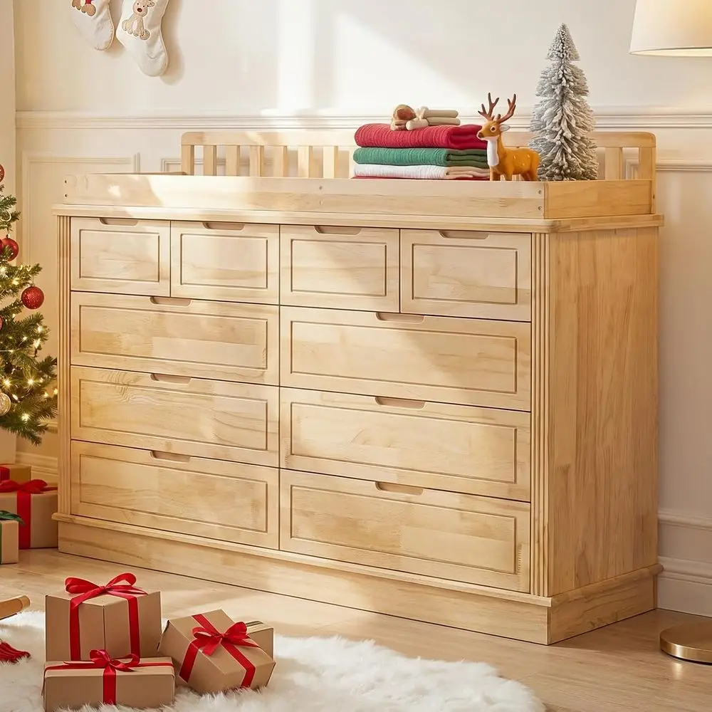 Solid Wood Baby Changing Station, 10-Drawer Nursery Furniture, Removable Tray, 55.1W, Natural Color